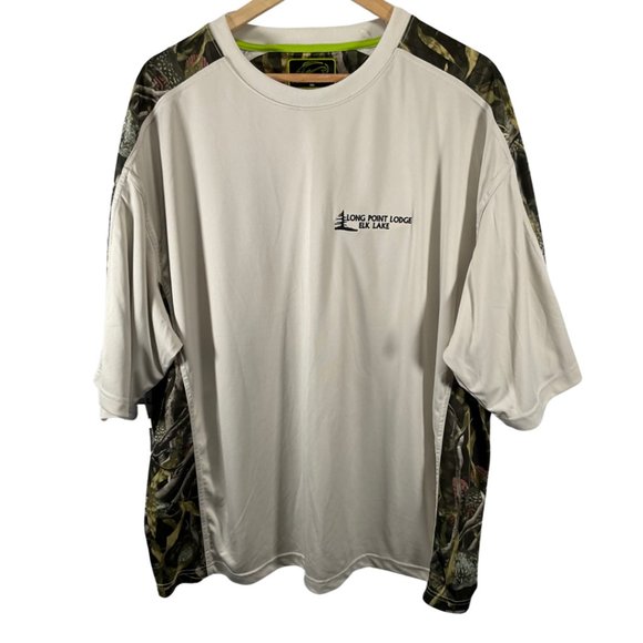Fishouflage Other - 👔 5/$25 - Camouflage Print Color Block Shirt w/ Long Point Lodge Elk Lake Logo